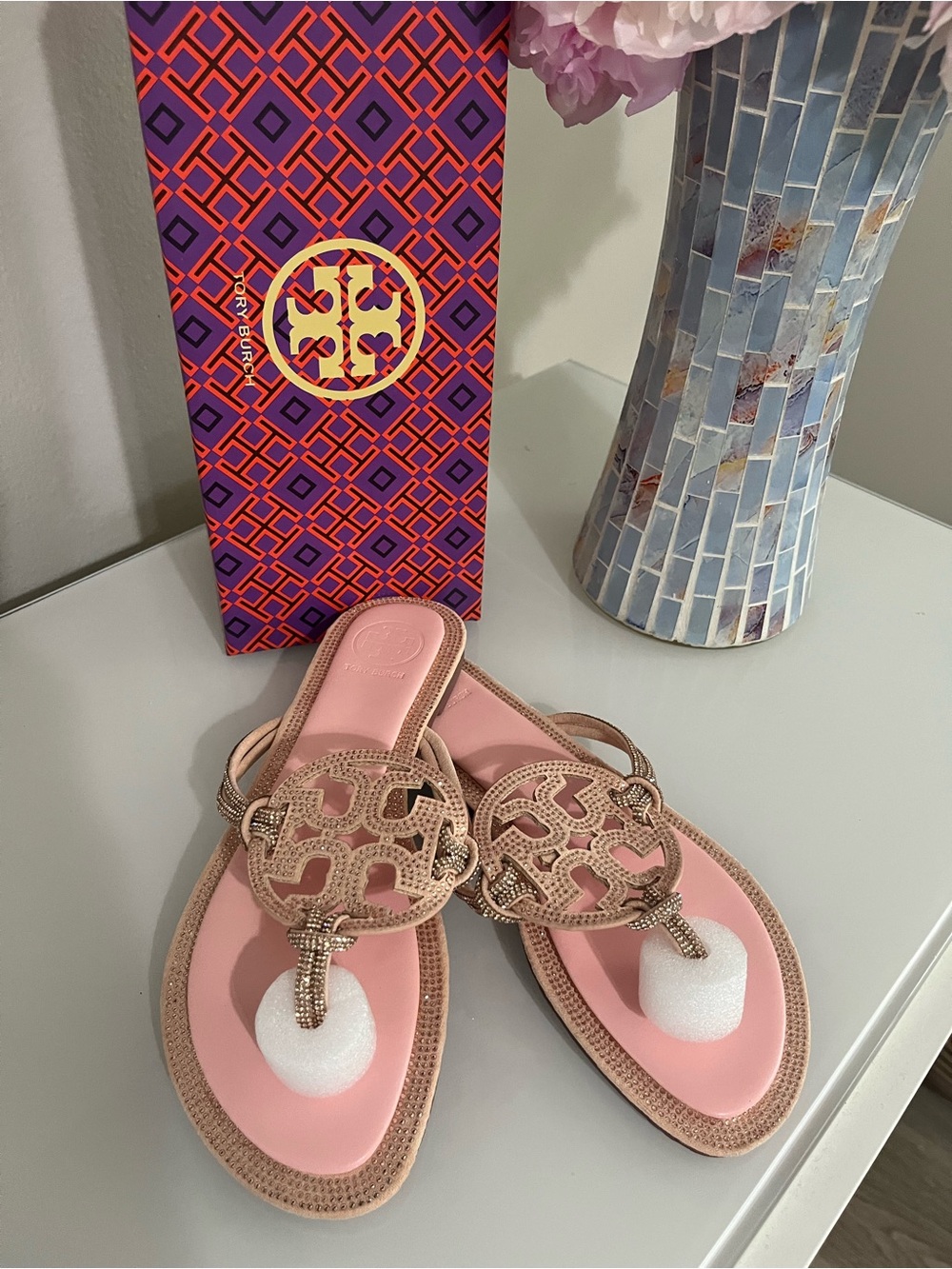 Tory Burch Pink and Metallic Beige Logo Thong Sandals